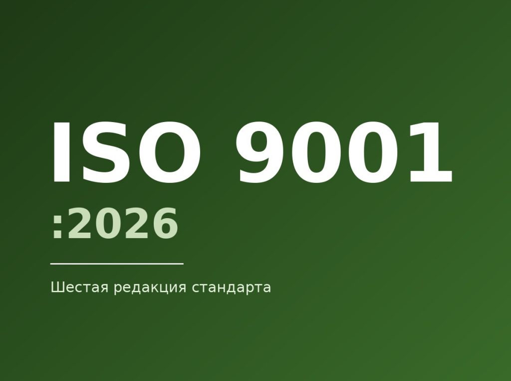 Тёмно-зелёная заставка с надписью ISO 9001:2026 и подписью «Шестая редакция стандарта»